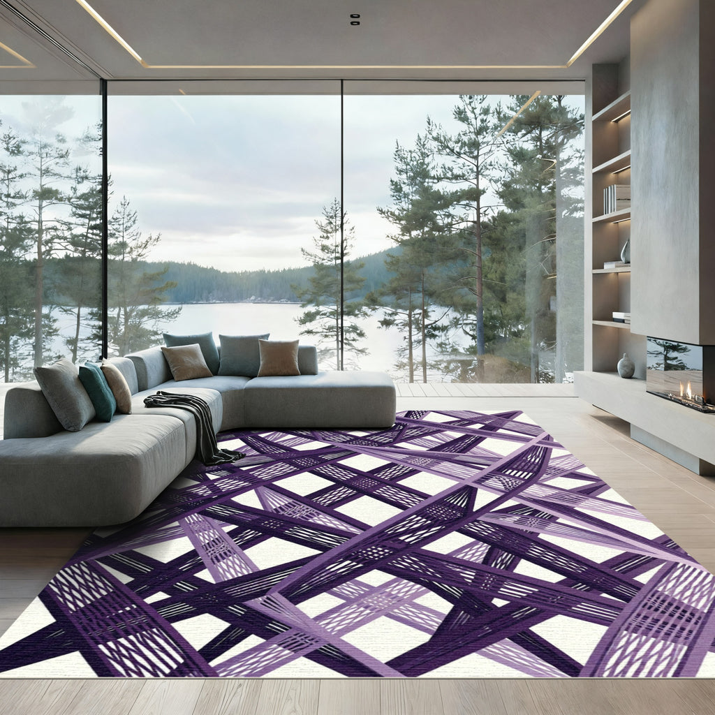 Geometric Violet Interlocking Linear Grid Rug
