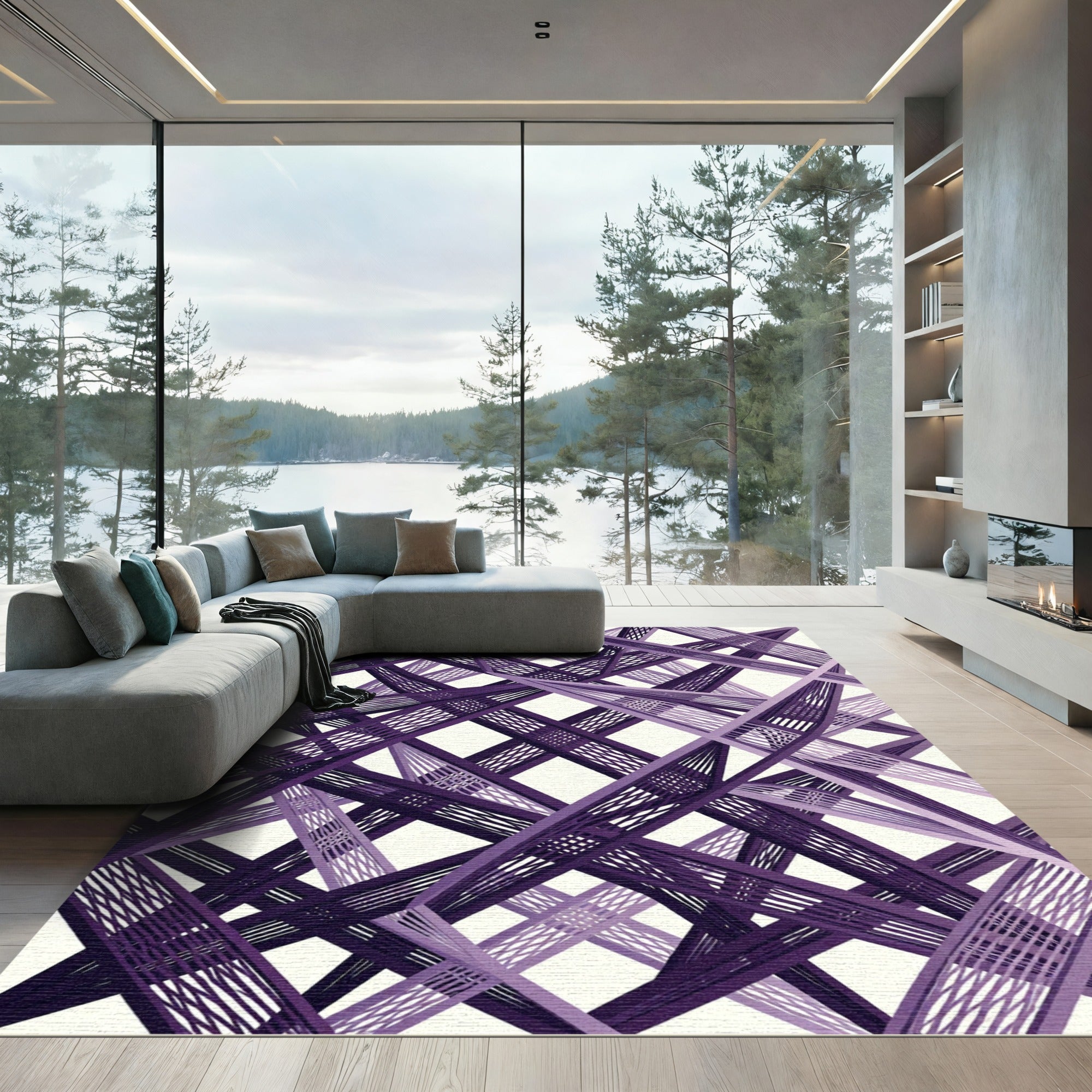Geometric Violet Interlocking Linear Grid Rug