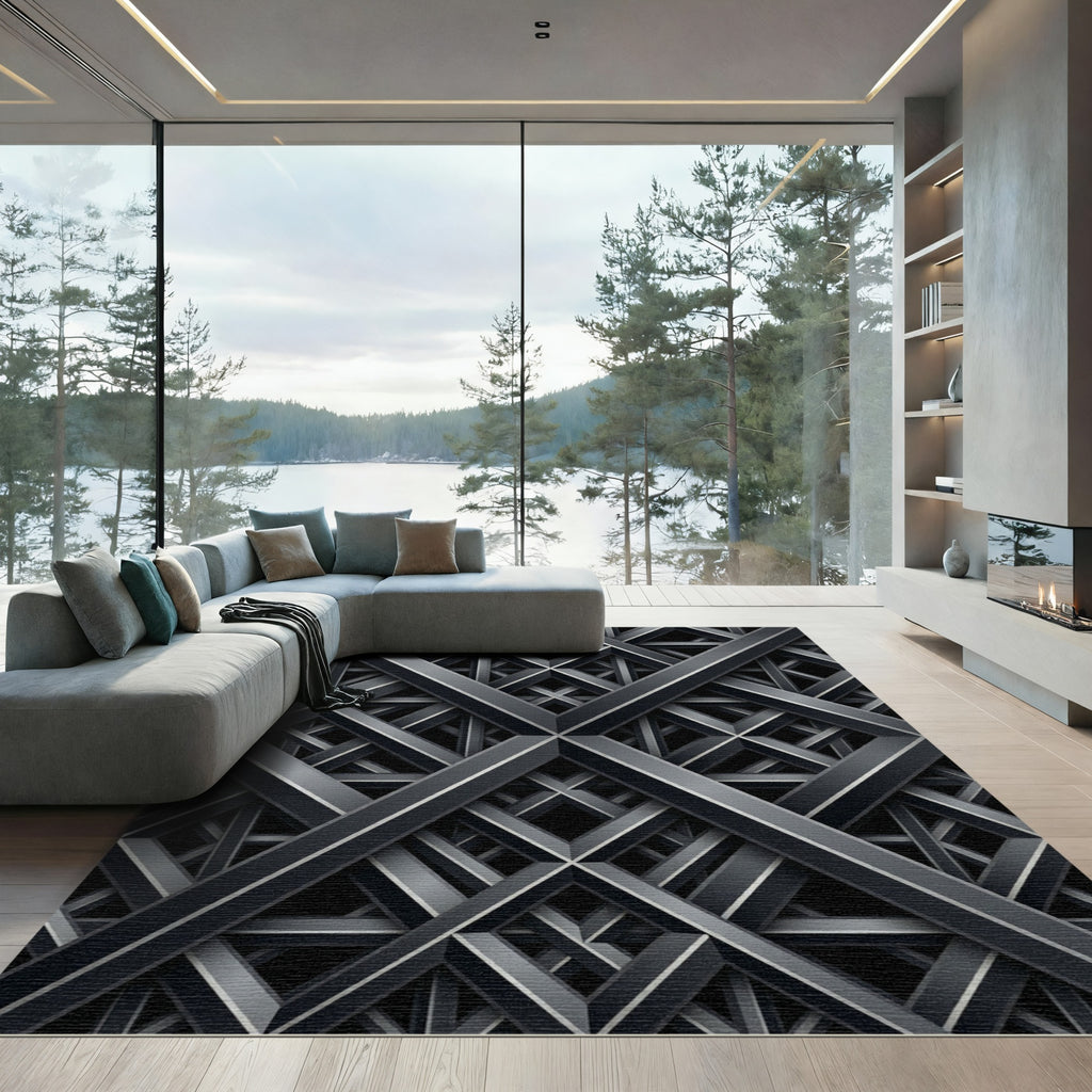 Contemporary Metallic Charcoal Intersecting Lattice Rug