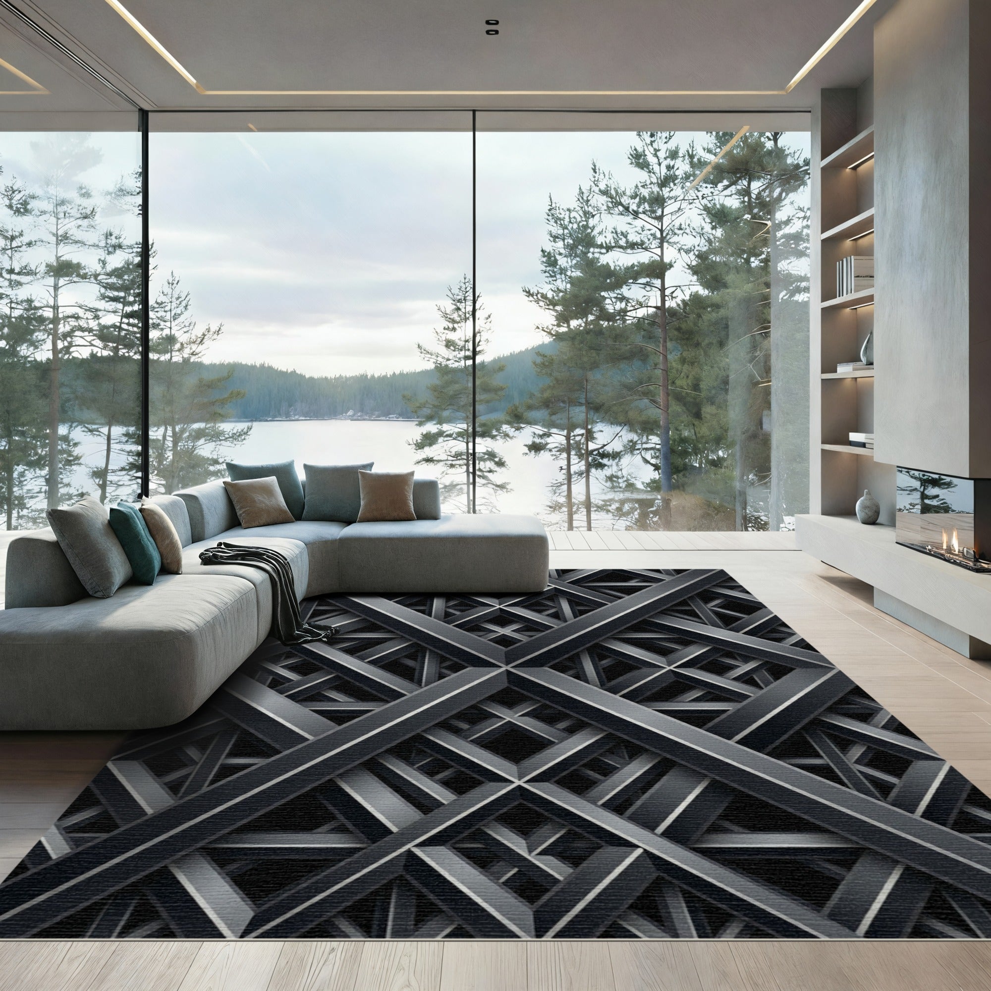Contemporary Metallic Charcoal Intersecting Lattice Rug