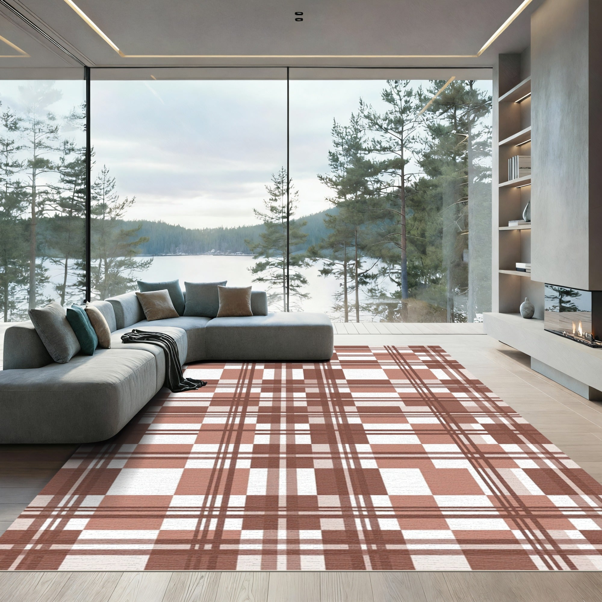 Modern Terracotta Brown Plaid Grid Rug