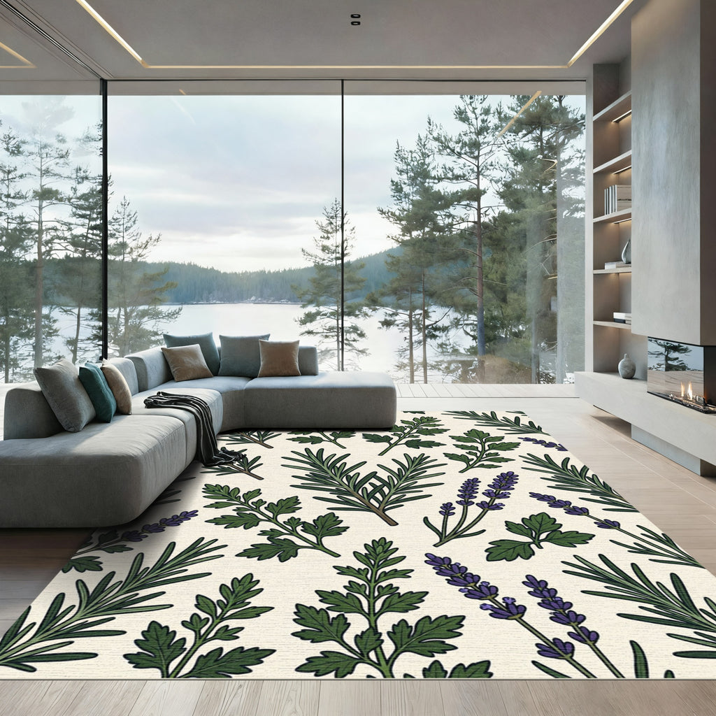 Earthy Botanical Lavender and Rosemary Garden Rug