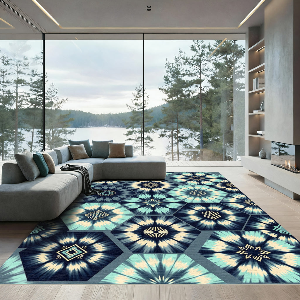 Teal Hexagonal Shibori Indigo Geometric Rug