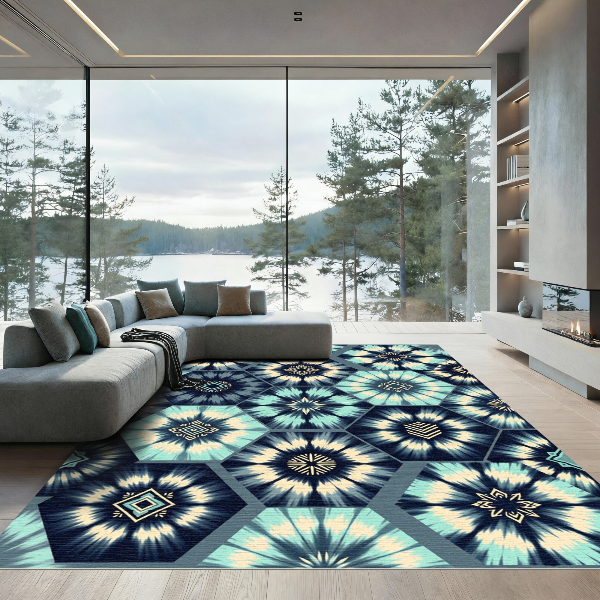 Teal Hexagonal Shibori Indigo Geometric Rug