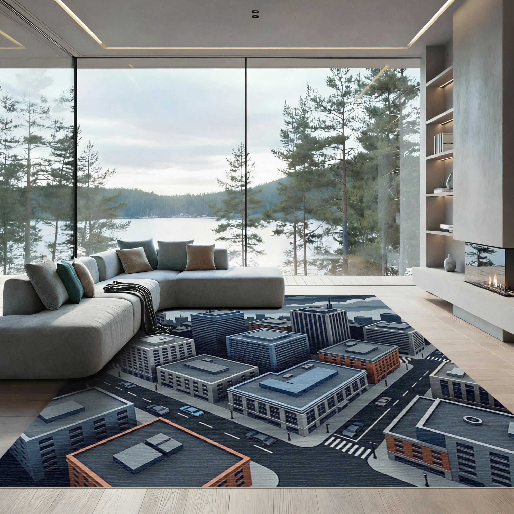 Isometric Cityscape Urban Grey Skyscraper Rug