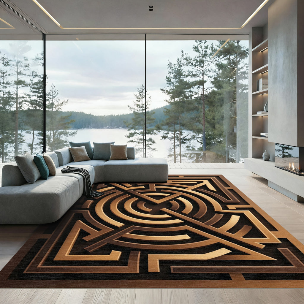 Bronze Geometric Maze Labyrinth Rug