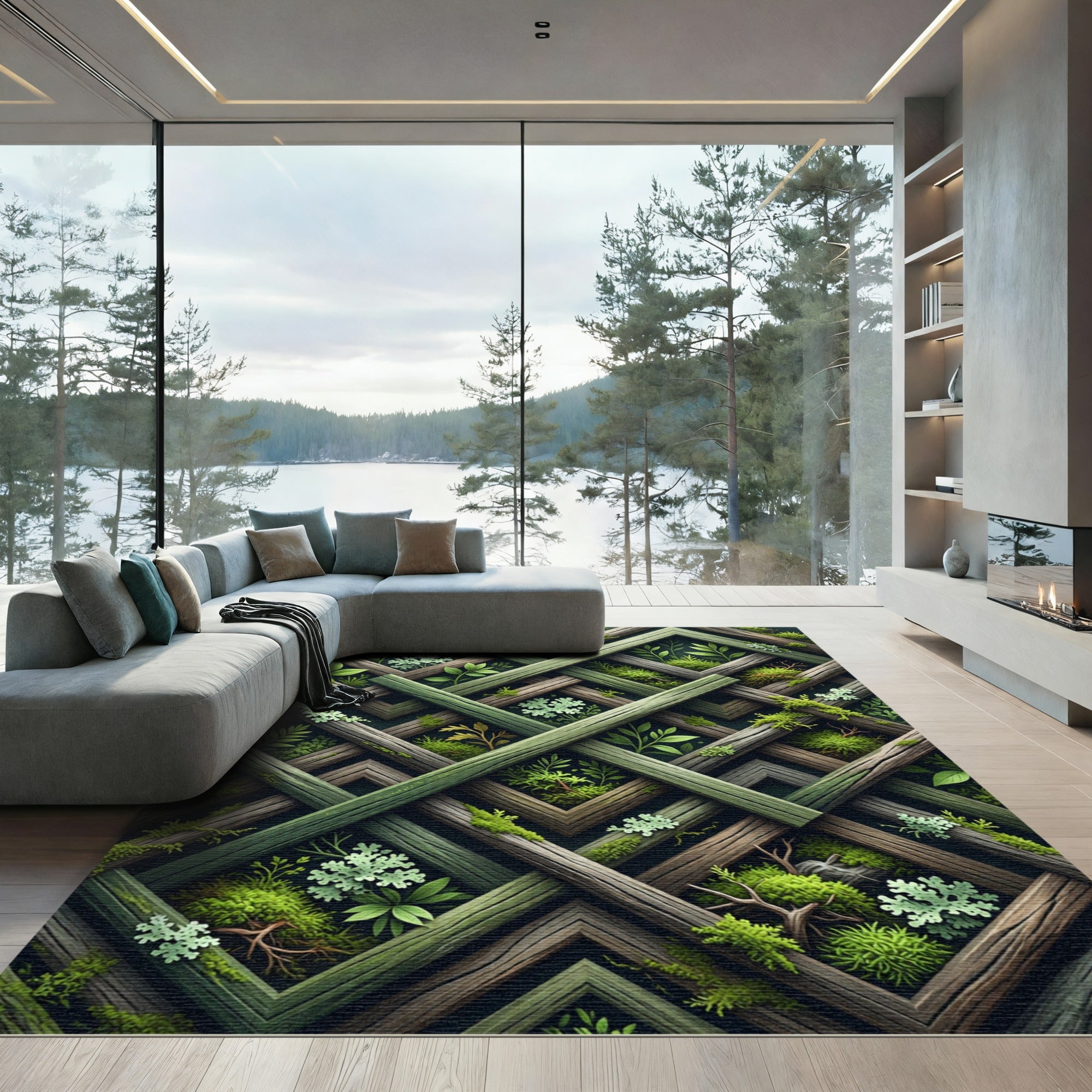 Mossy Forest Lattice Geometric Area Rug