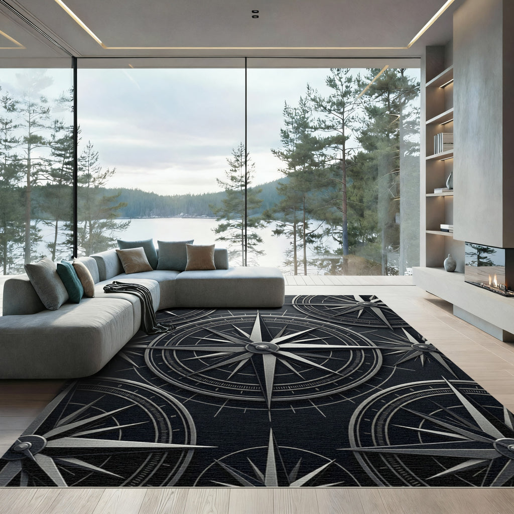 Monochromatic Metallic Compass Nautical Rug