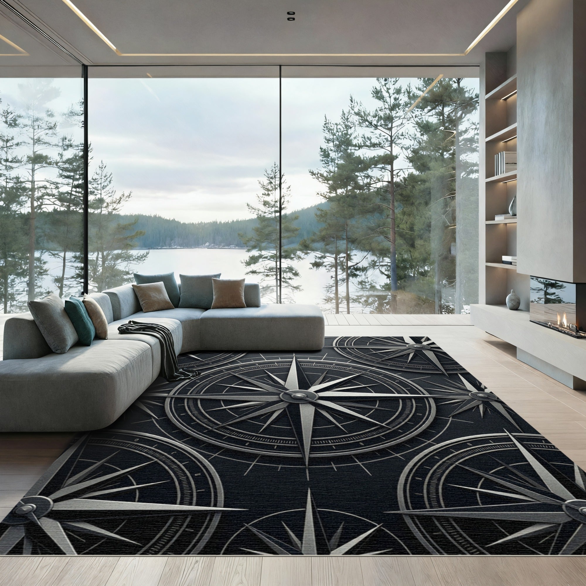 Monochromatic Metallic Compass Nautical Rug