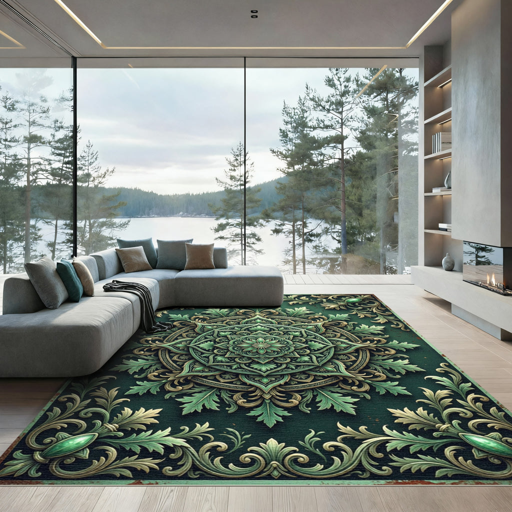Ornate Emerald Leaf Scrollwork Rug
