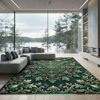 Ornate Emerald Leaf Scrollwork Rug