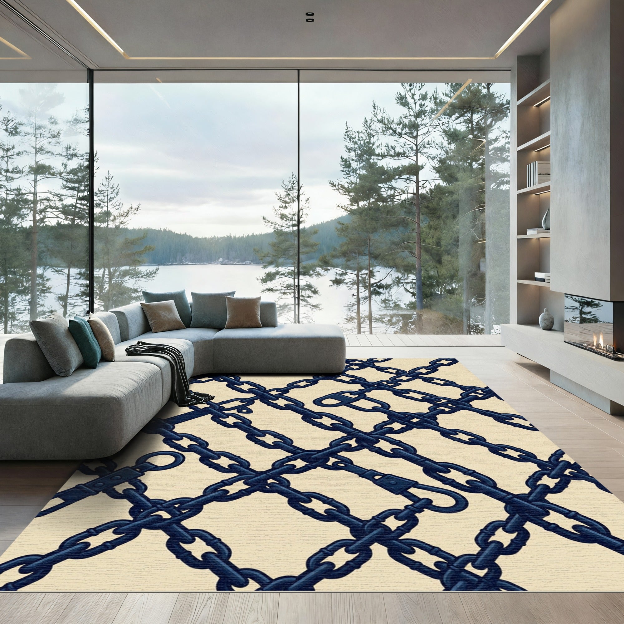 Navy Blue Interlocking Linked Chain Grid Rug