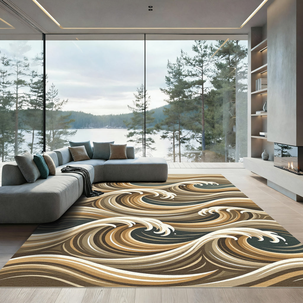 Earthy Brown Tan Coastal Wave Rug