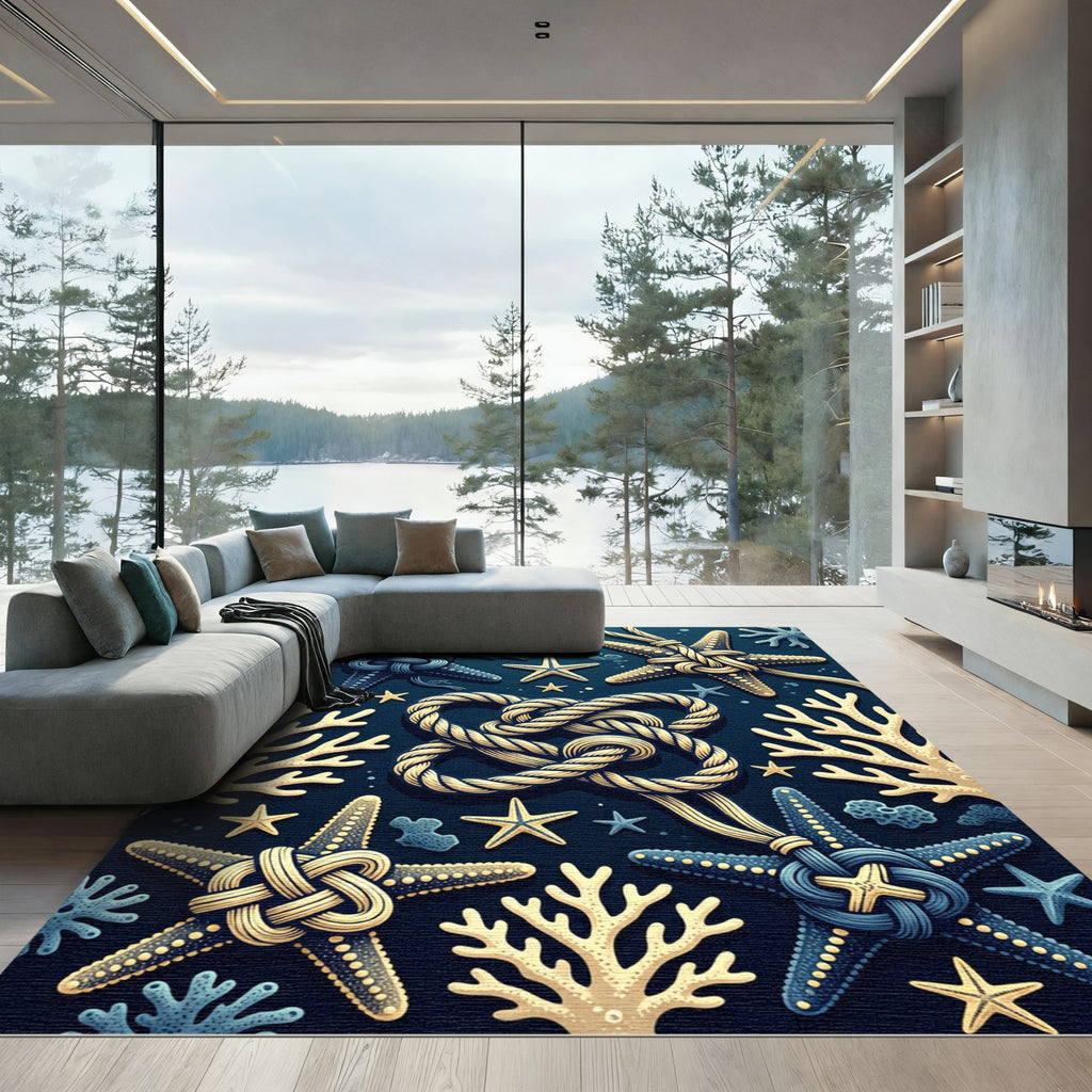 Navy Nautical Starfish and Sea Coral Rug
