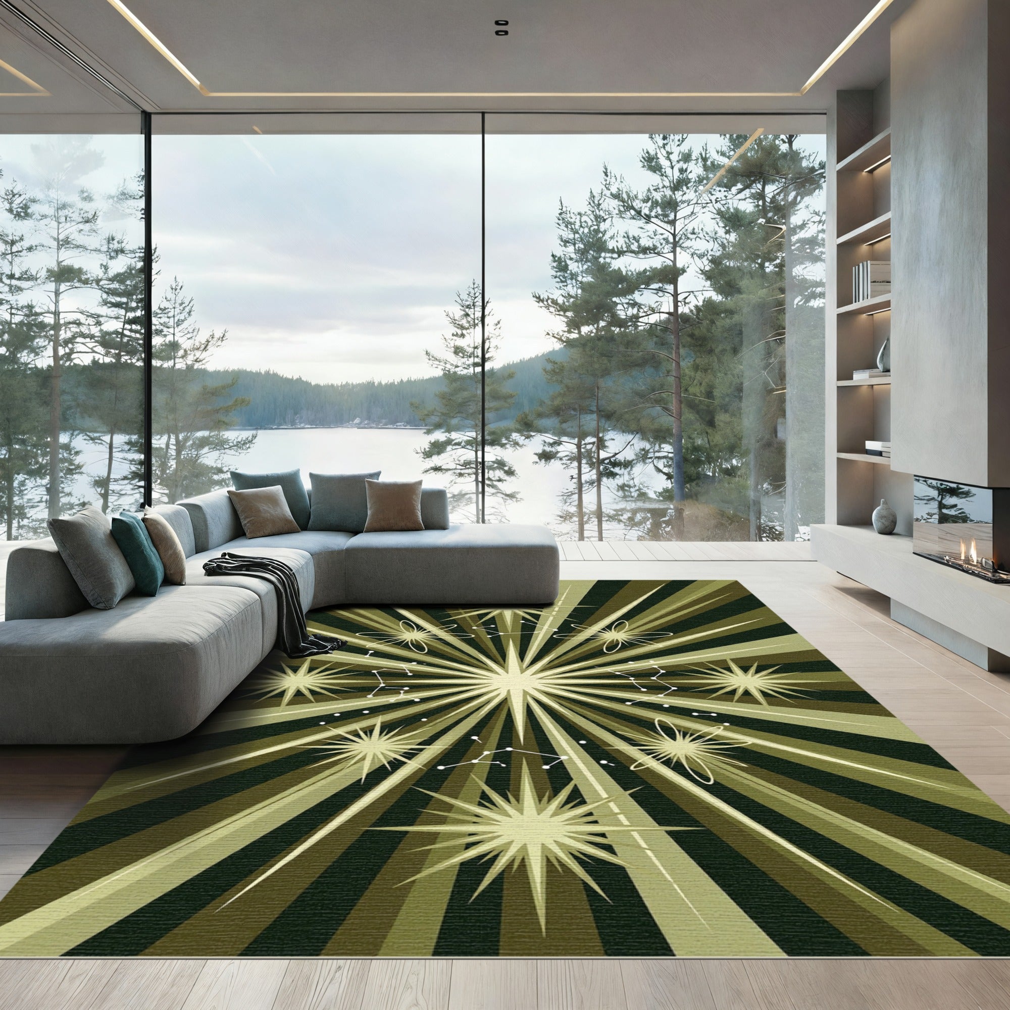 Celestial Olive Green Sunburst Starry Galaxy Rug