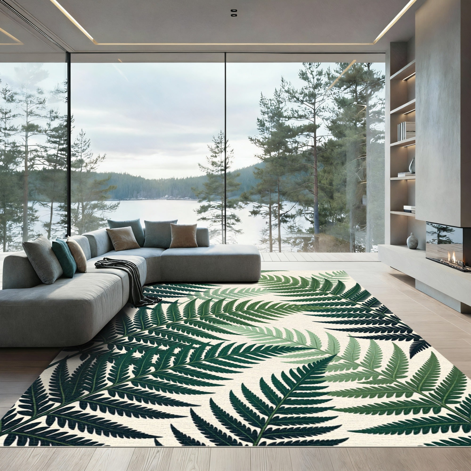 Deep Emerald Green Fern Leaves Rug