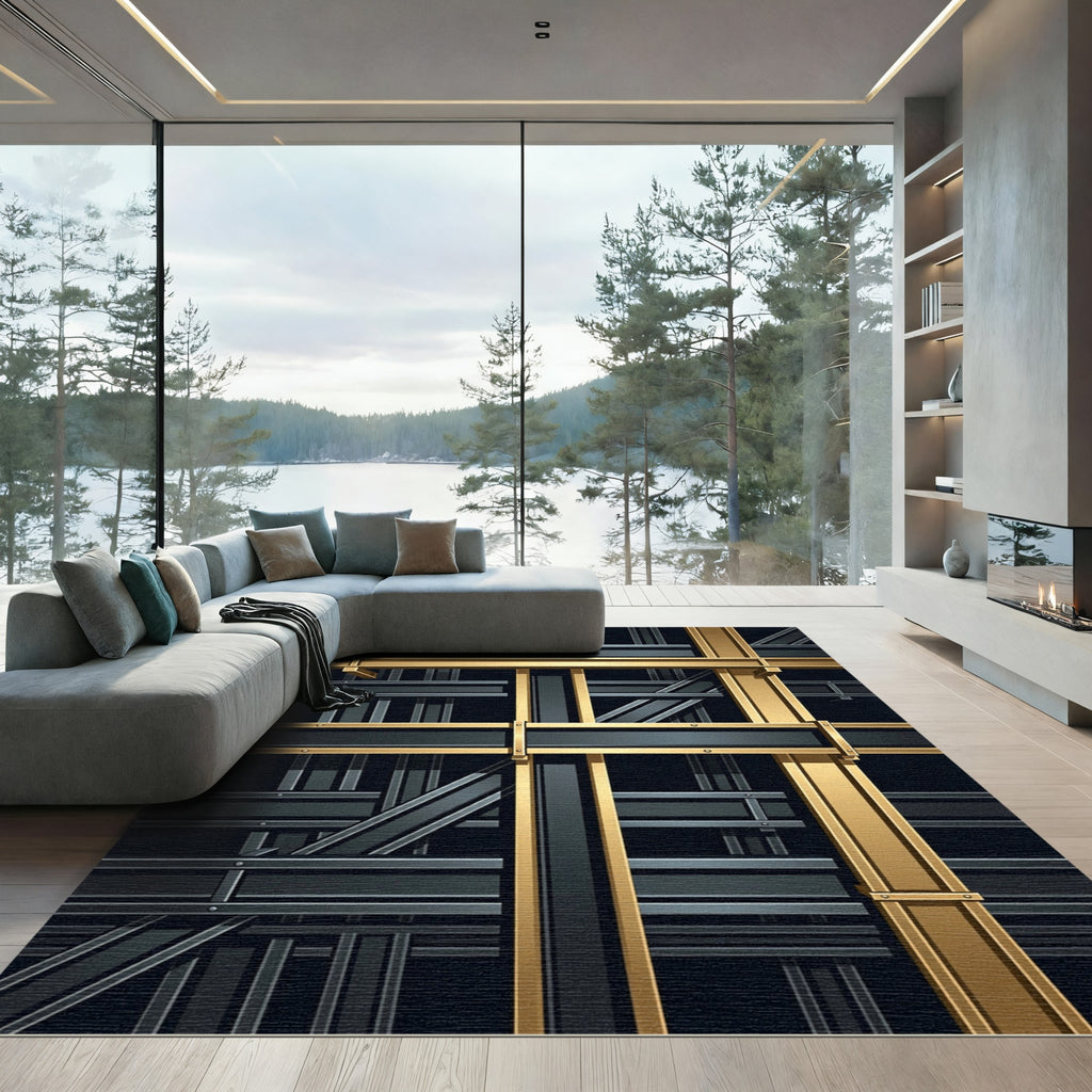 Industrial Gold Bronze Beam Grid Rug
