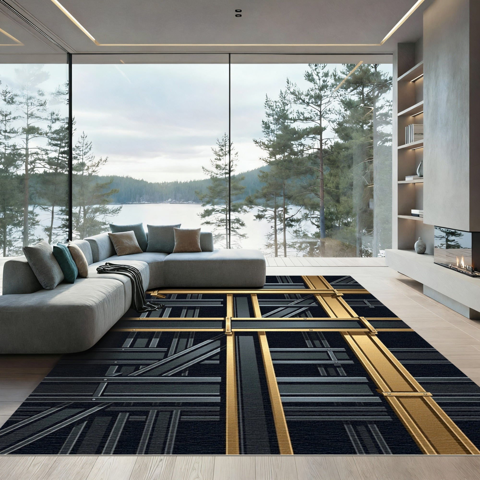 Industrial Gold Bronze Beam Grid Rug