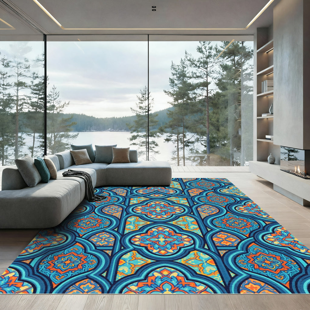 Intricate Blue Orange Floral Lattice Rug