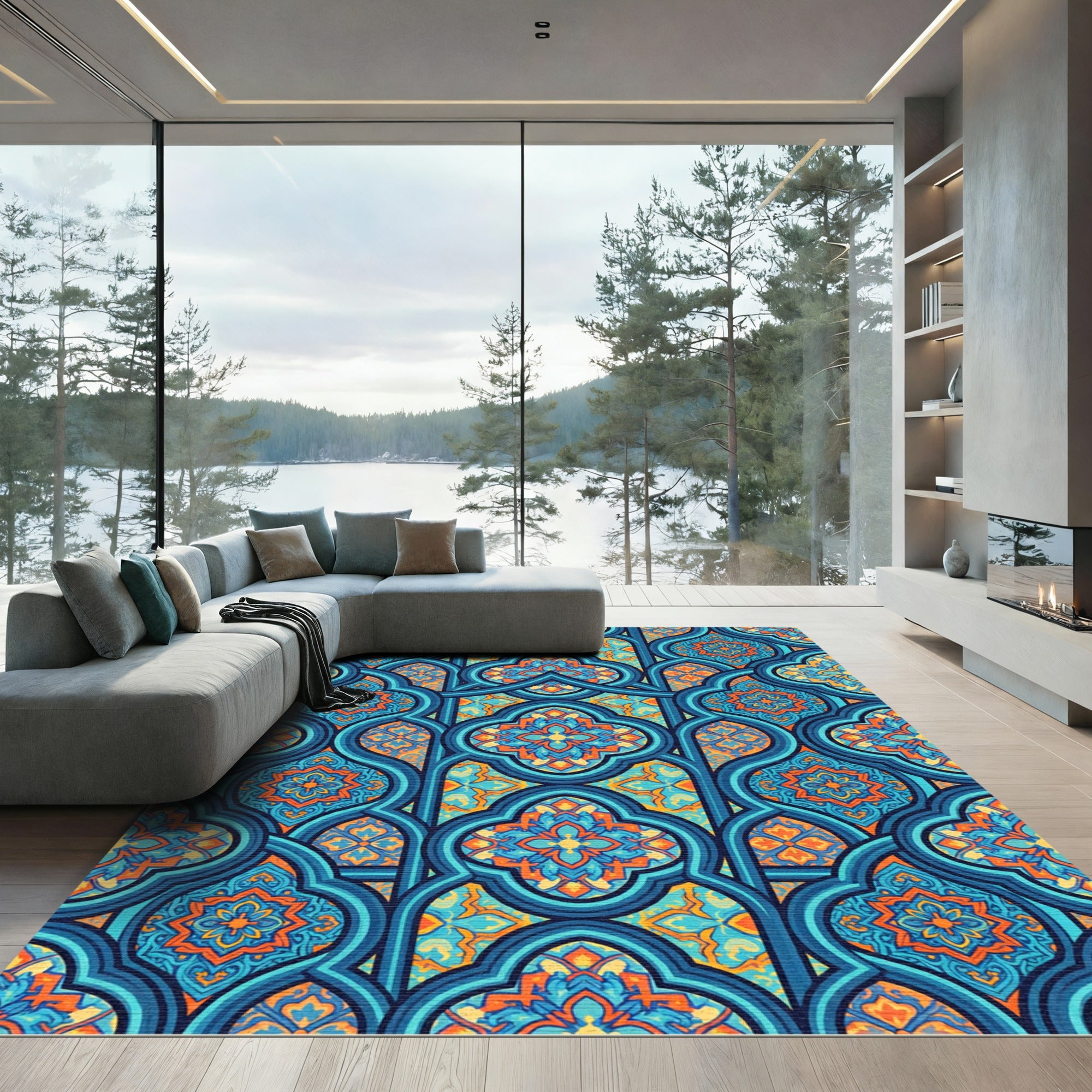 Intricate Blue Orange Floral Lattice Rug