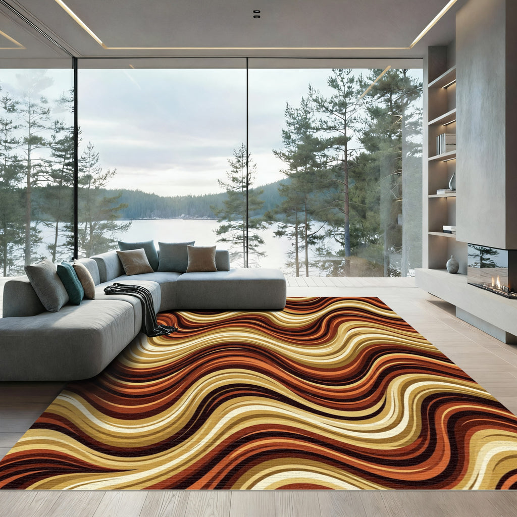 Retro Wavy Earth Tone Striped Abstract Rug