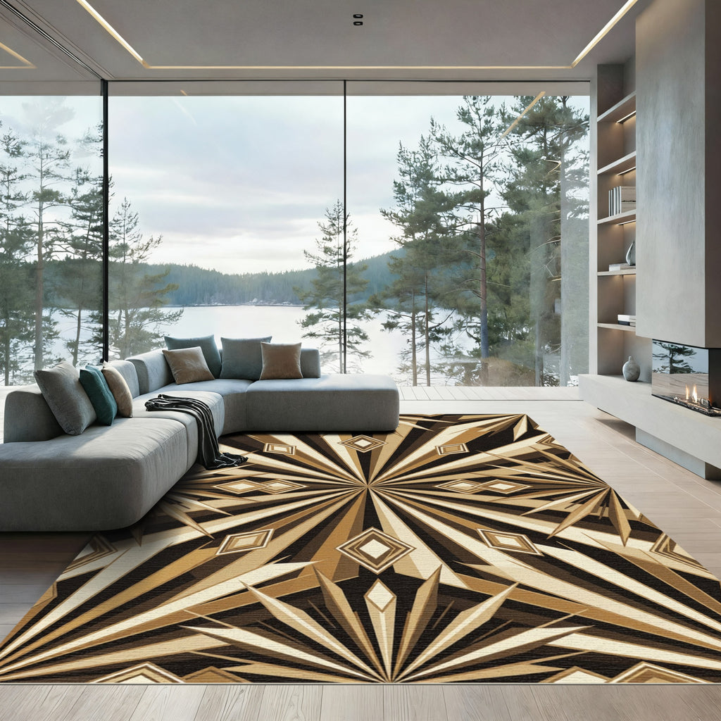 Geometric Gold Ray Sunburst Decorative Rug