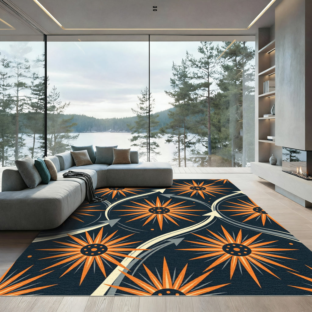 Midcentury Orange Starburst Curved Geometric Rug