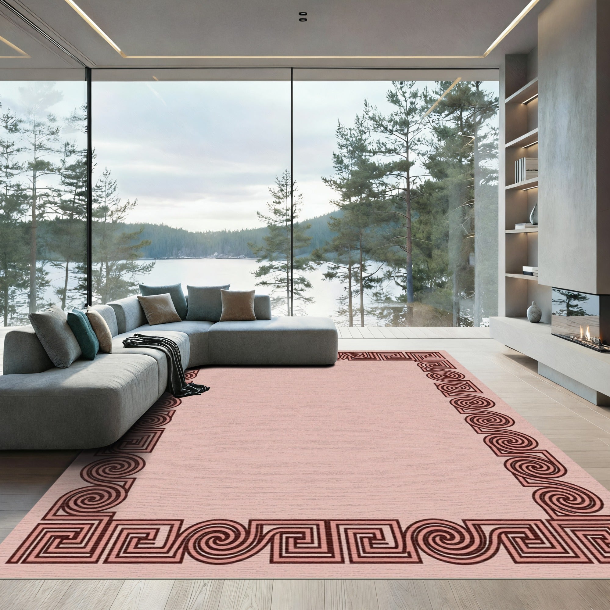 Brown Greek Key Scrolls Border Rug