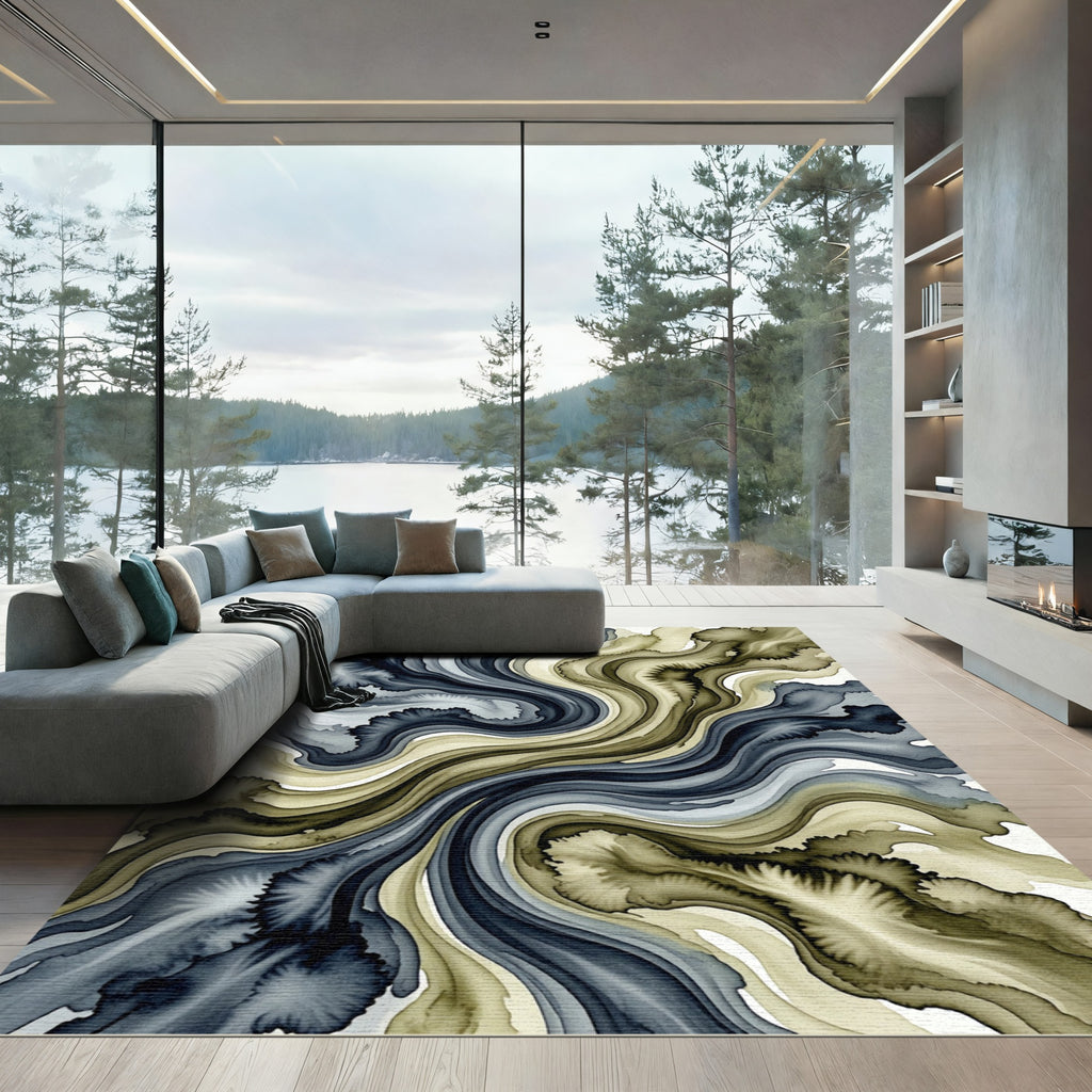 Flowing Slate Blue and Sandy Beige Wave Rug