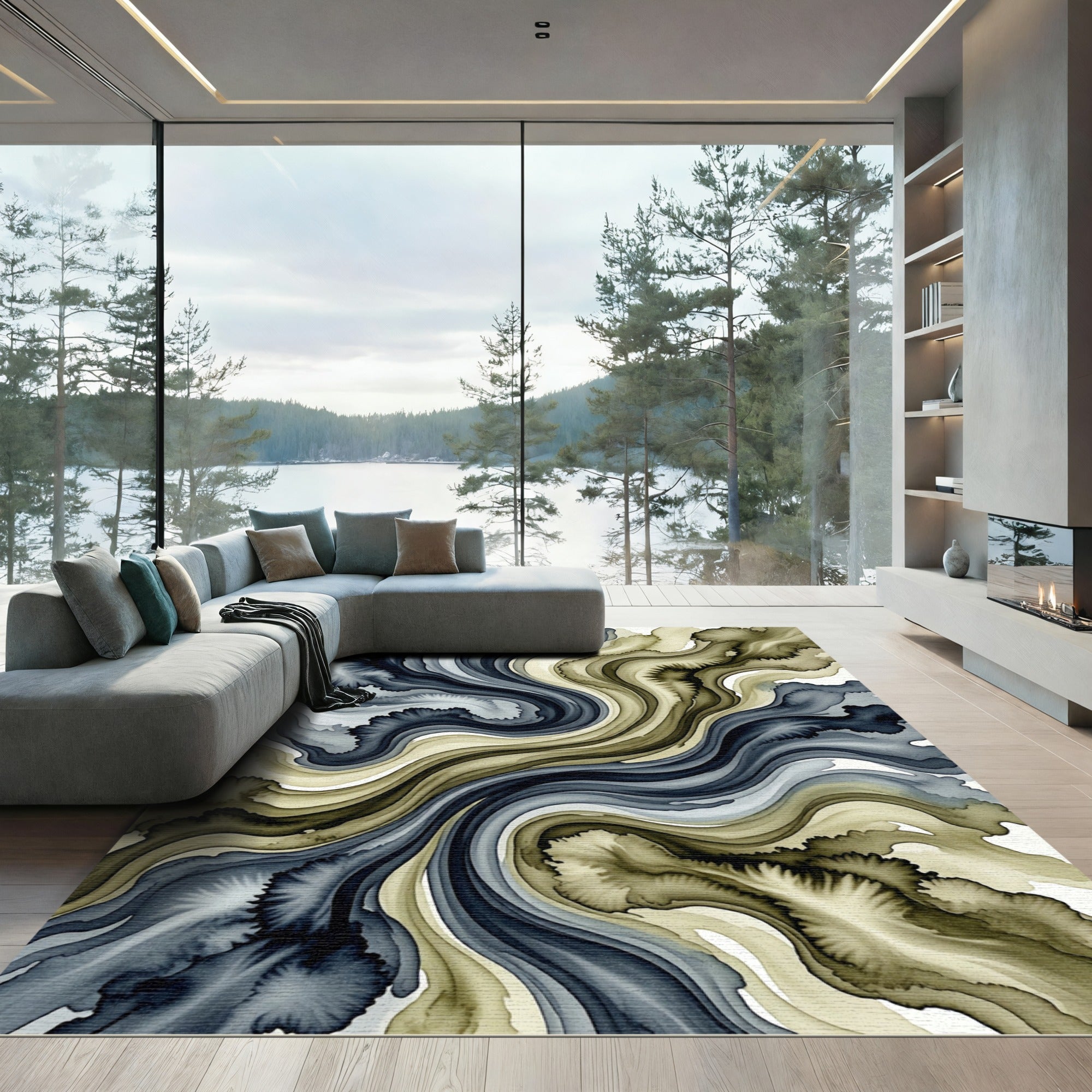 Flowing Slate Blue and Sandy Beige Wave Rug