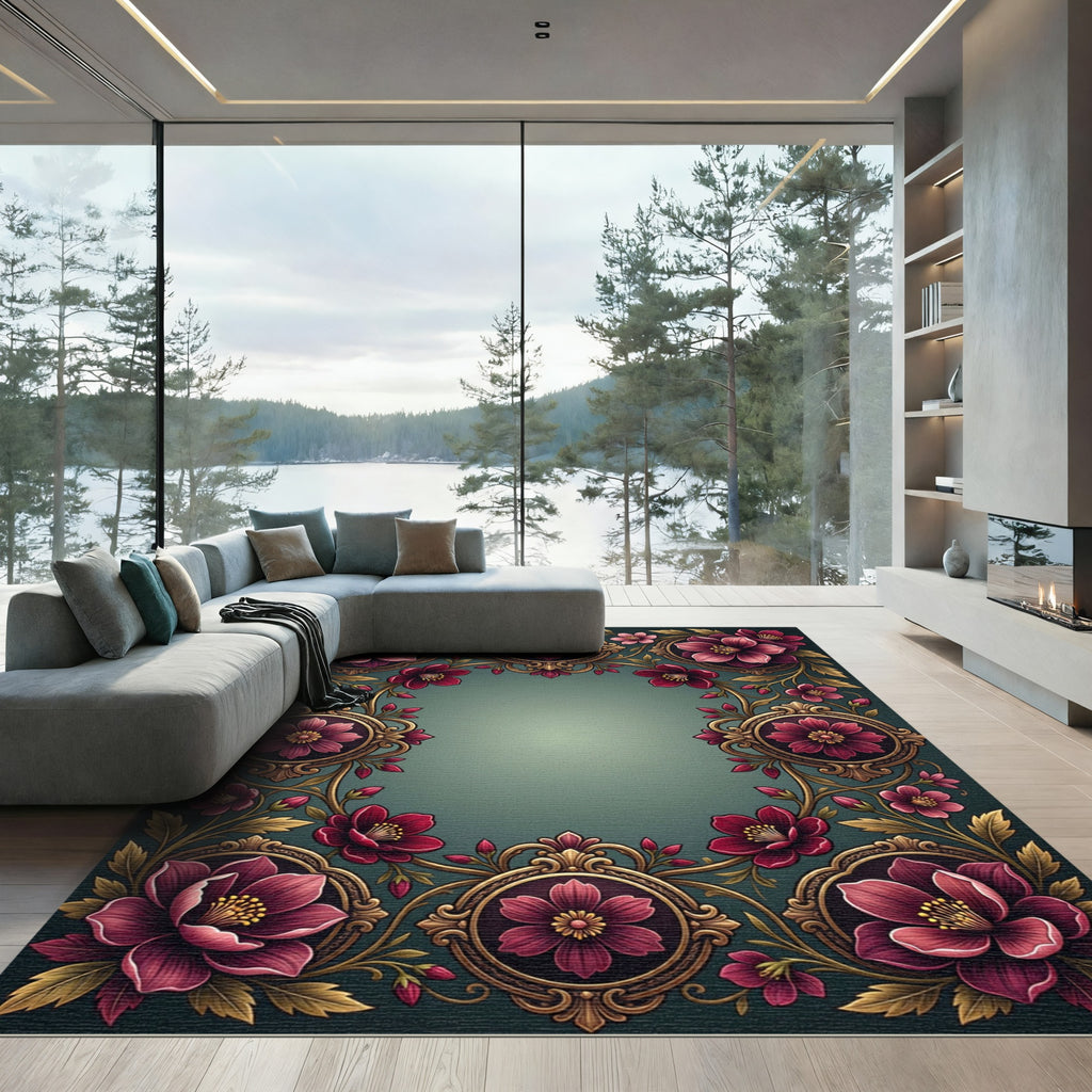 Elegant Burgundy Floral Ornate Frame Rug