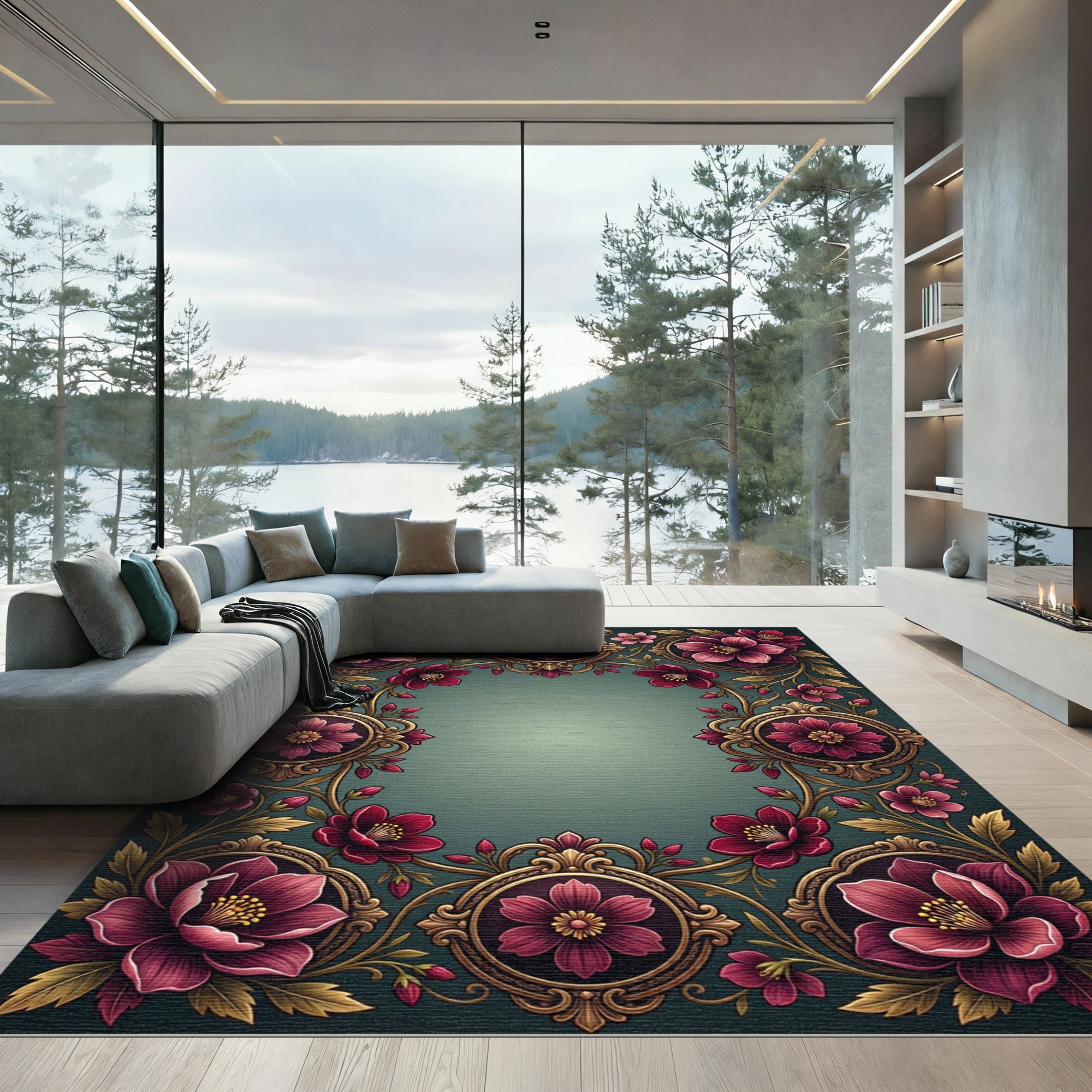 Elegant Burgundy Floral Ornate Frame Rug