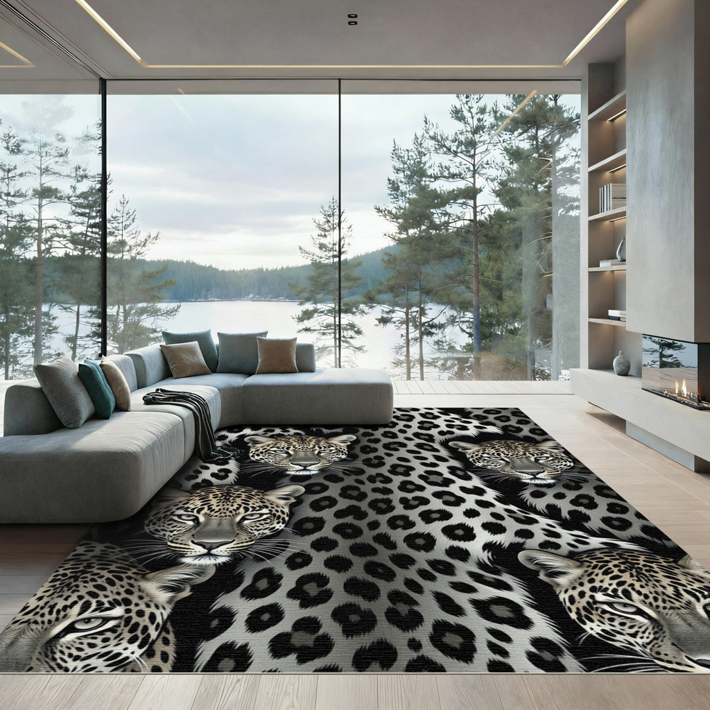 Grayscale Leopard Spots Wildlife Portrait Rug
