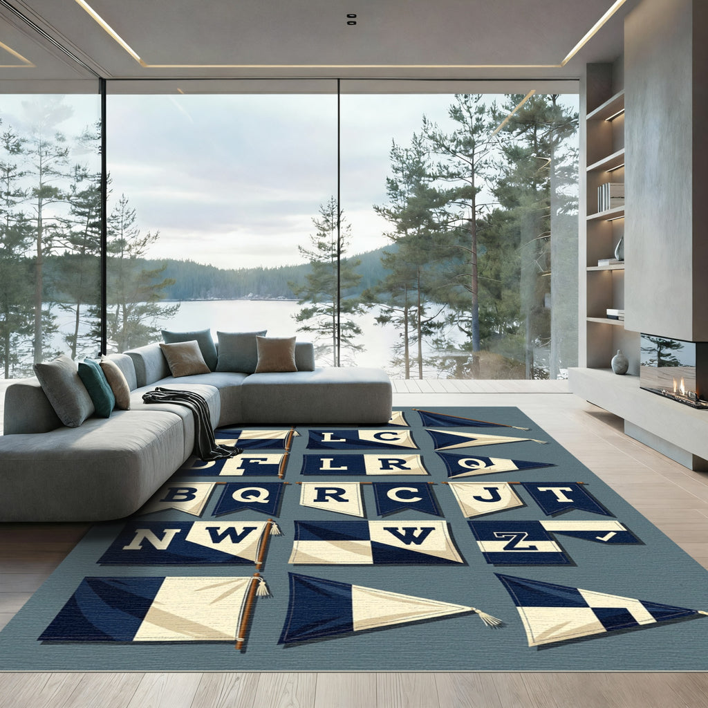 Navy White Checkerboard Alphabet Flags Rug