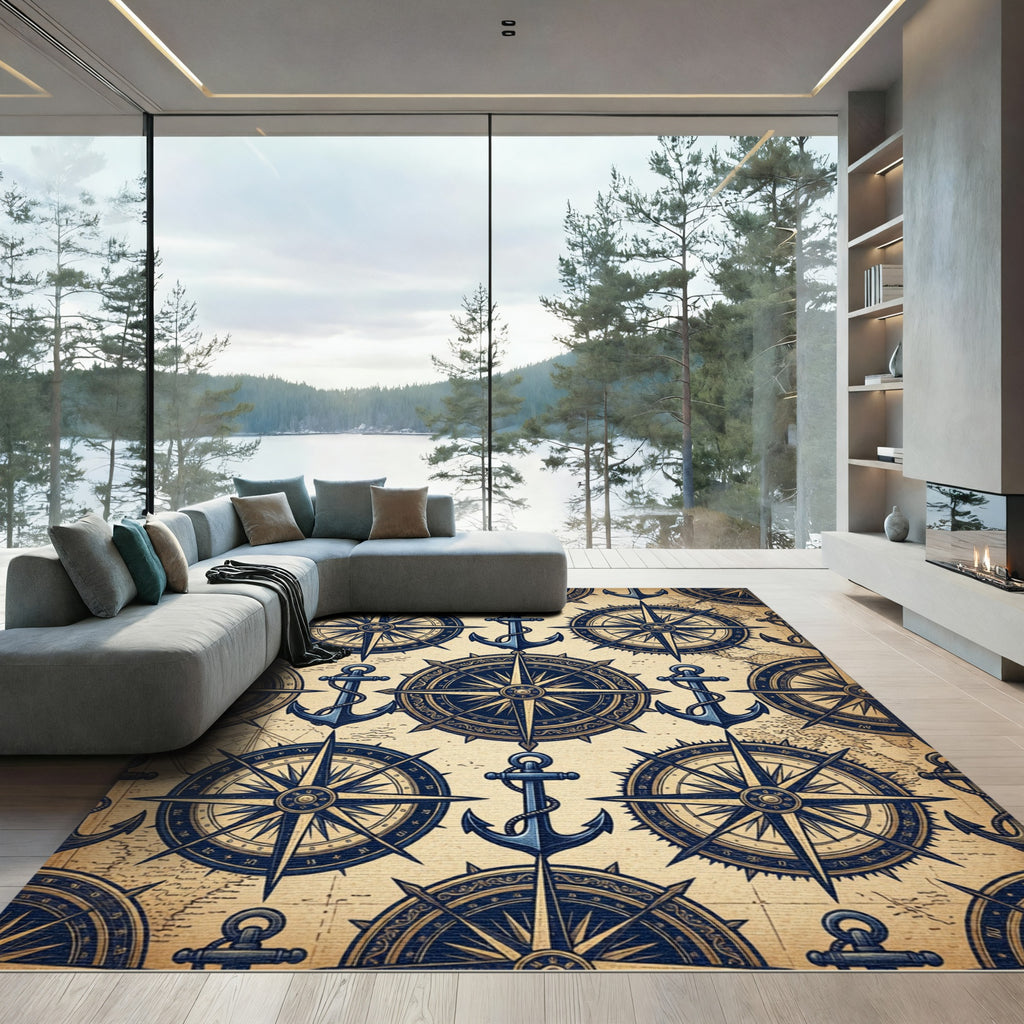 Vintage Nautical Compass and Anchor Map Rug