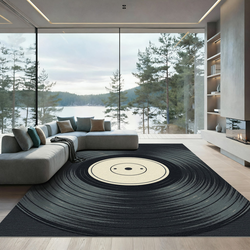 Minimalist Black Vinyl Record Art Rug