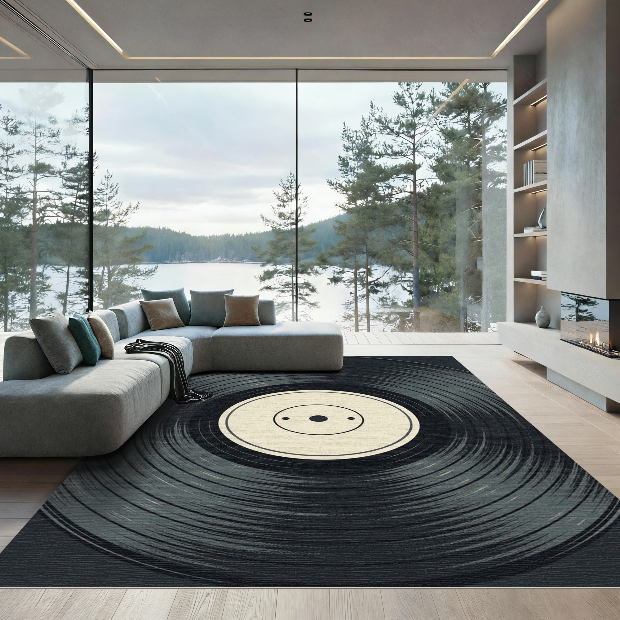 Minimalist Black Vinyl Record Art Rug