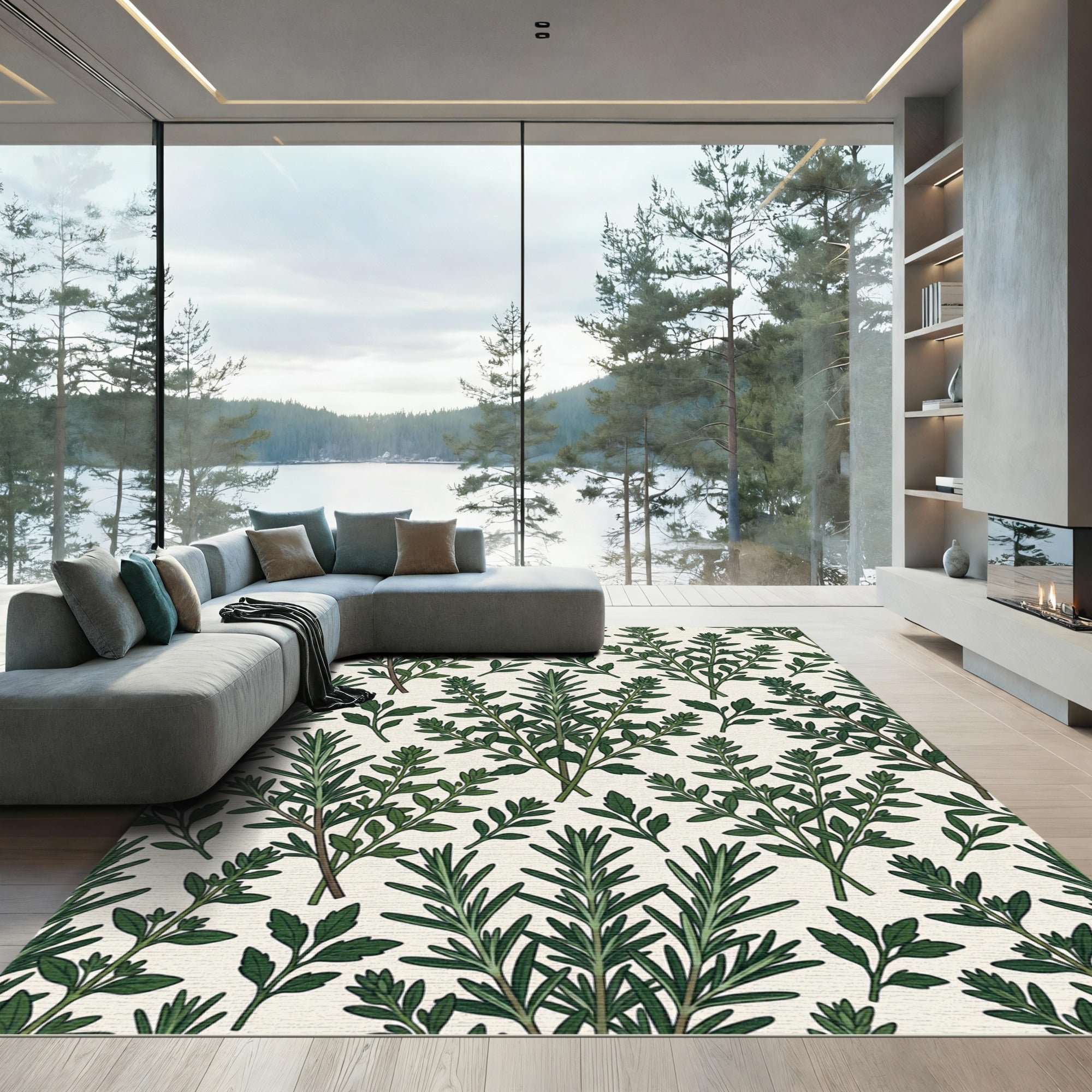 Lush Green Botanical Rosemary Herb Illustration Rug