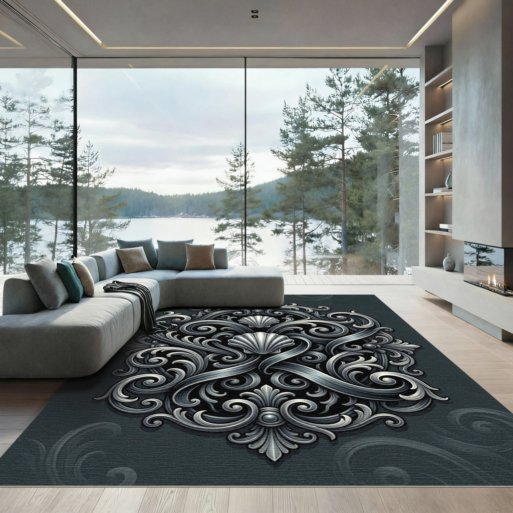 Charcoal Gray Ornate Shell Medallion Rug