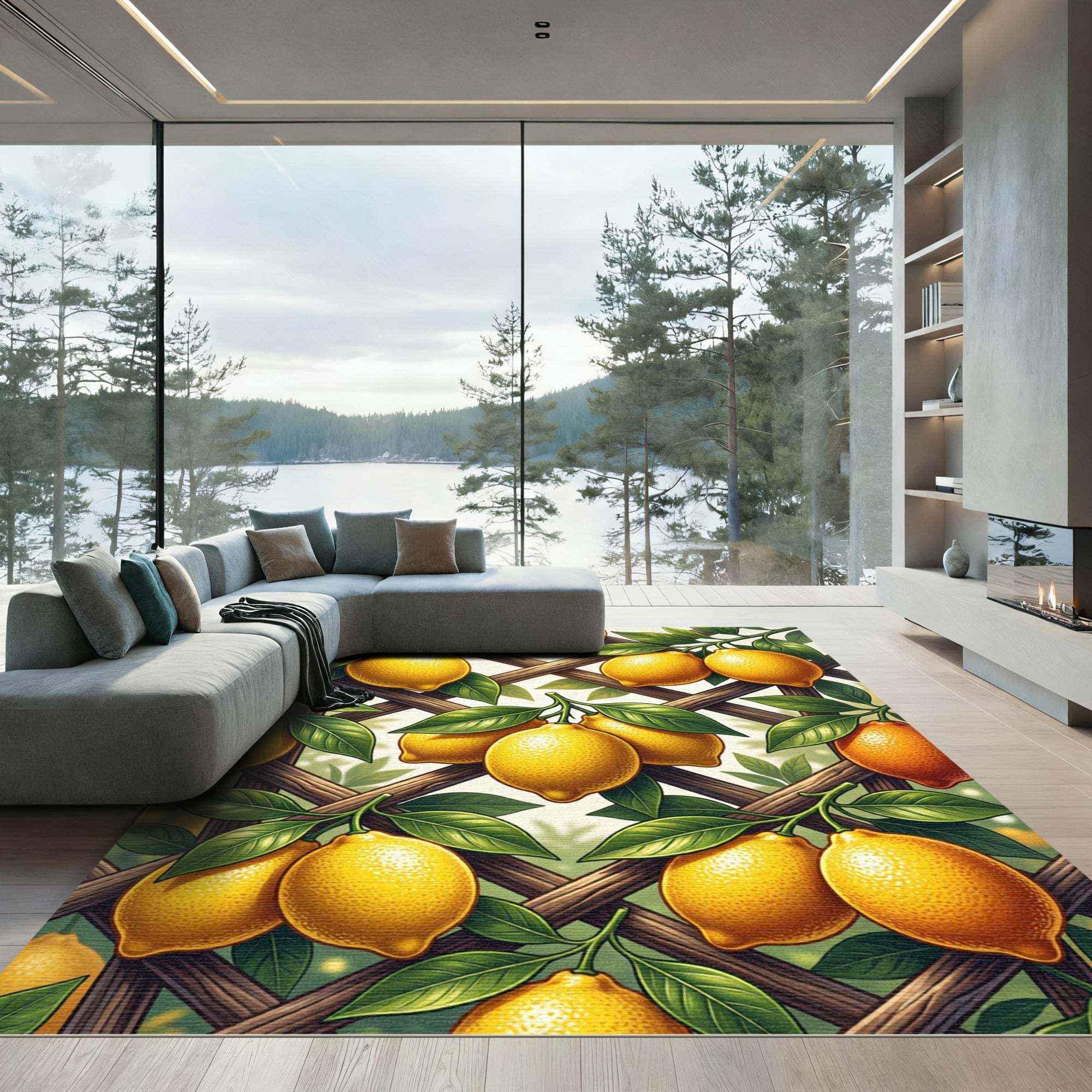 Sunny Citrus Lemon Trellis Wallpaper Rug