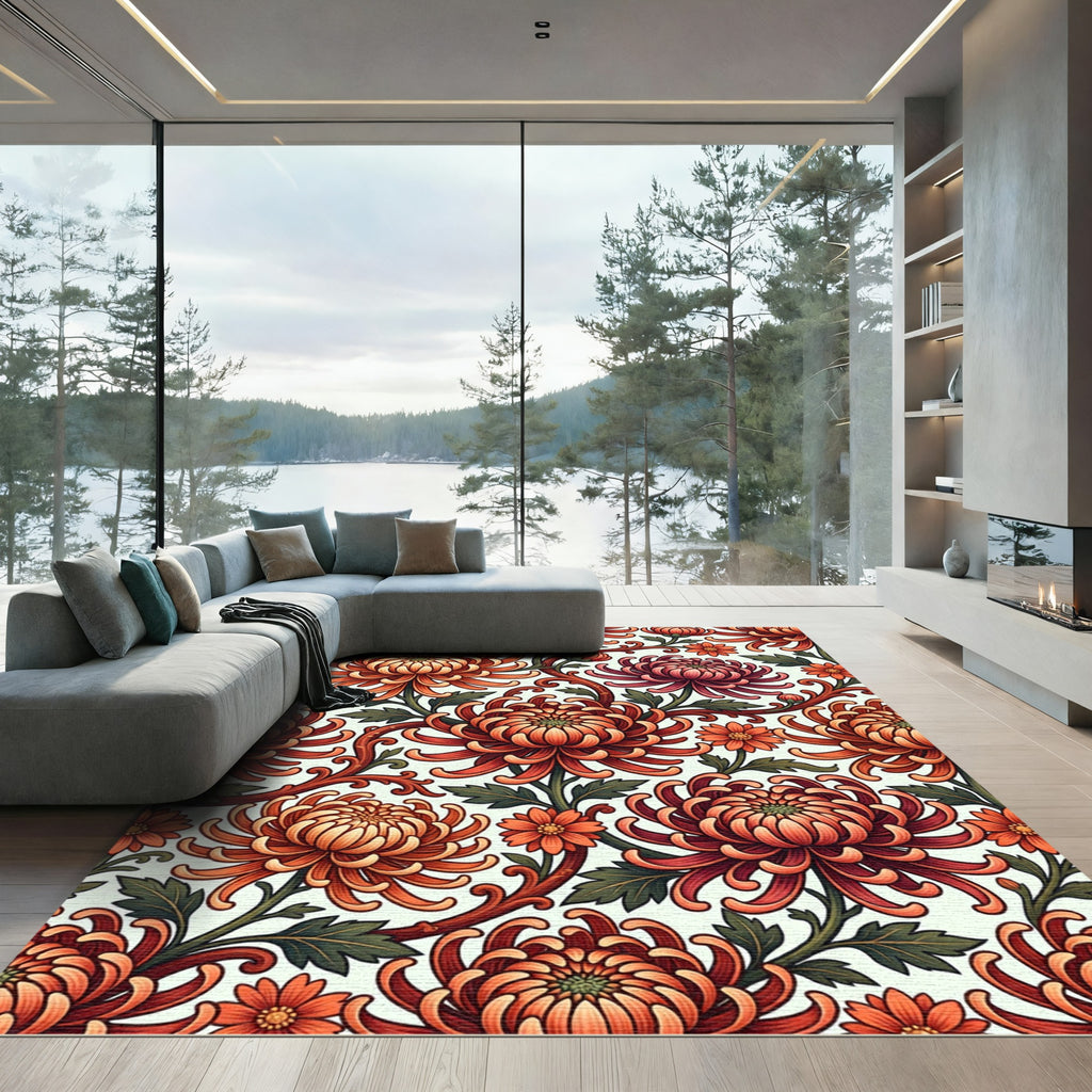 Red Orange Mum Chrysanthemum Floral Arrangement Rug