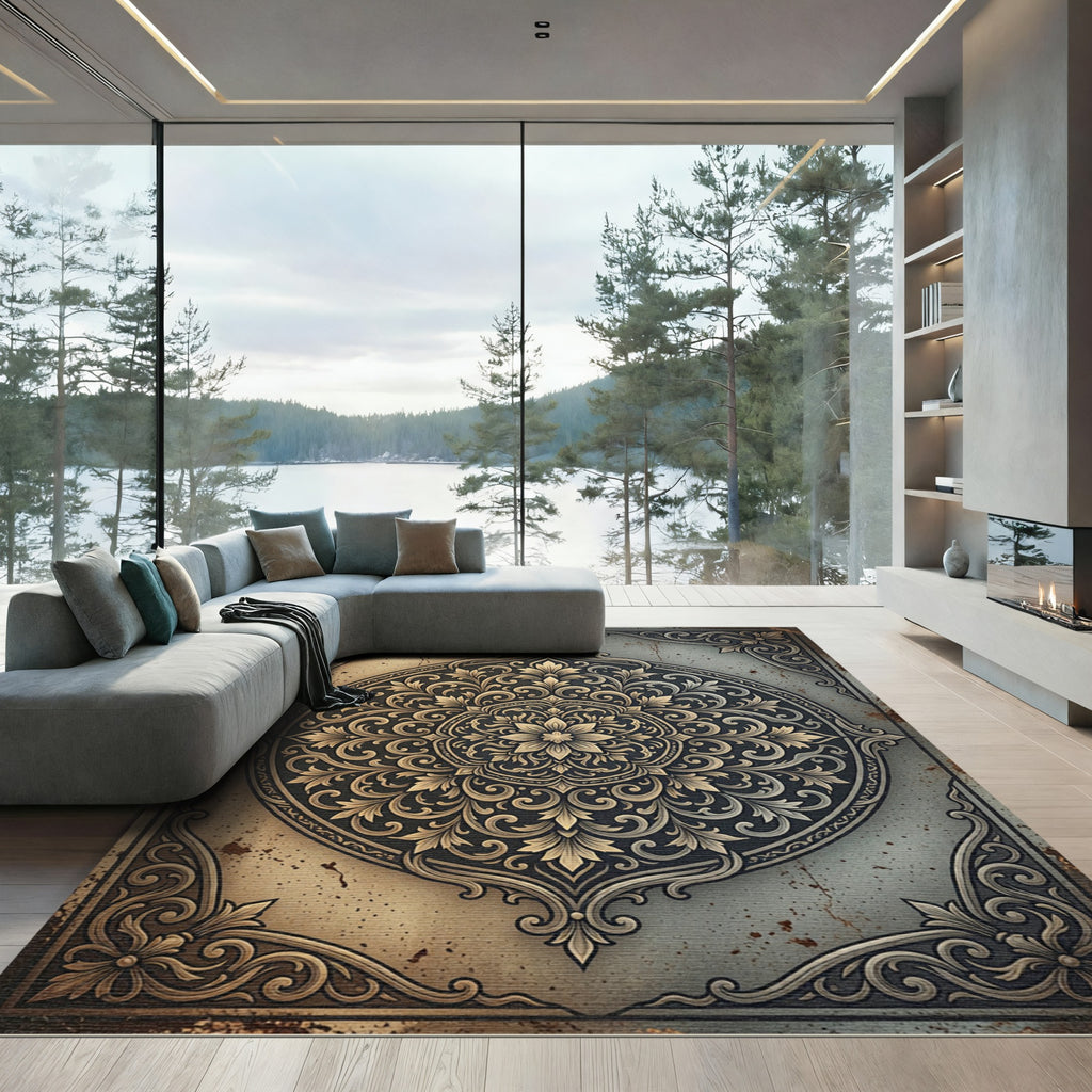 Ornate Golden Filigree Floral Medallion Rug