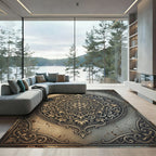 Ornate Golden Filigree Floral Medallion Rug