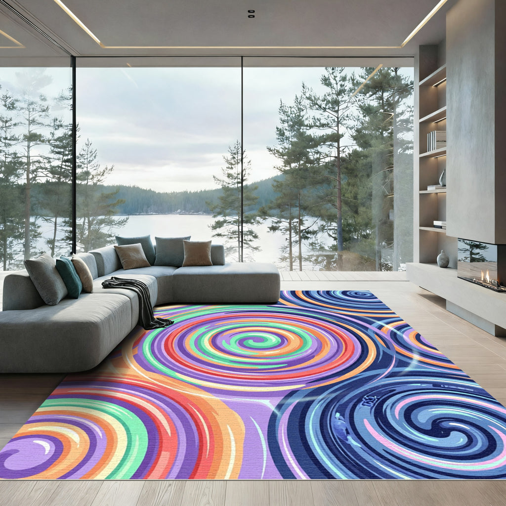 Vibrant Multicolored Swirling Abstract Circular Art Rug