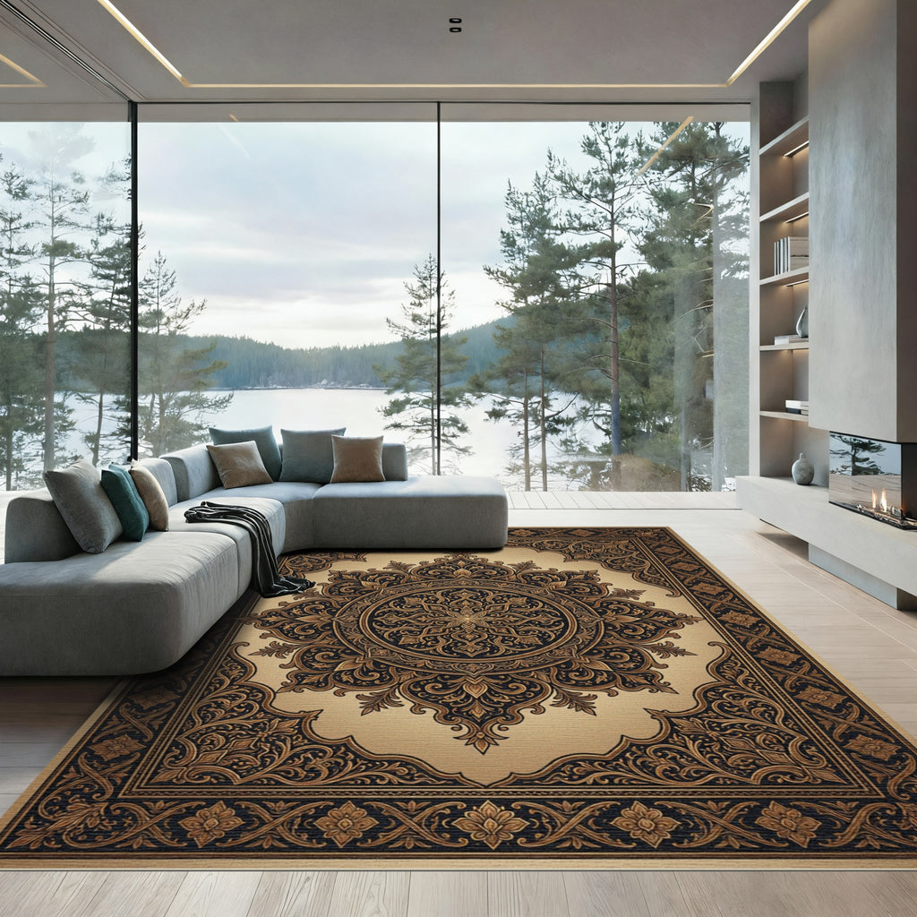 Ornate Black Gold Mandala Rug