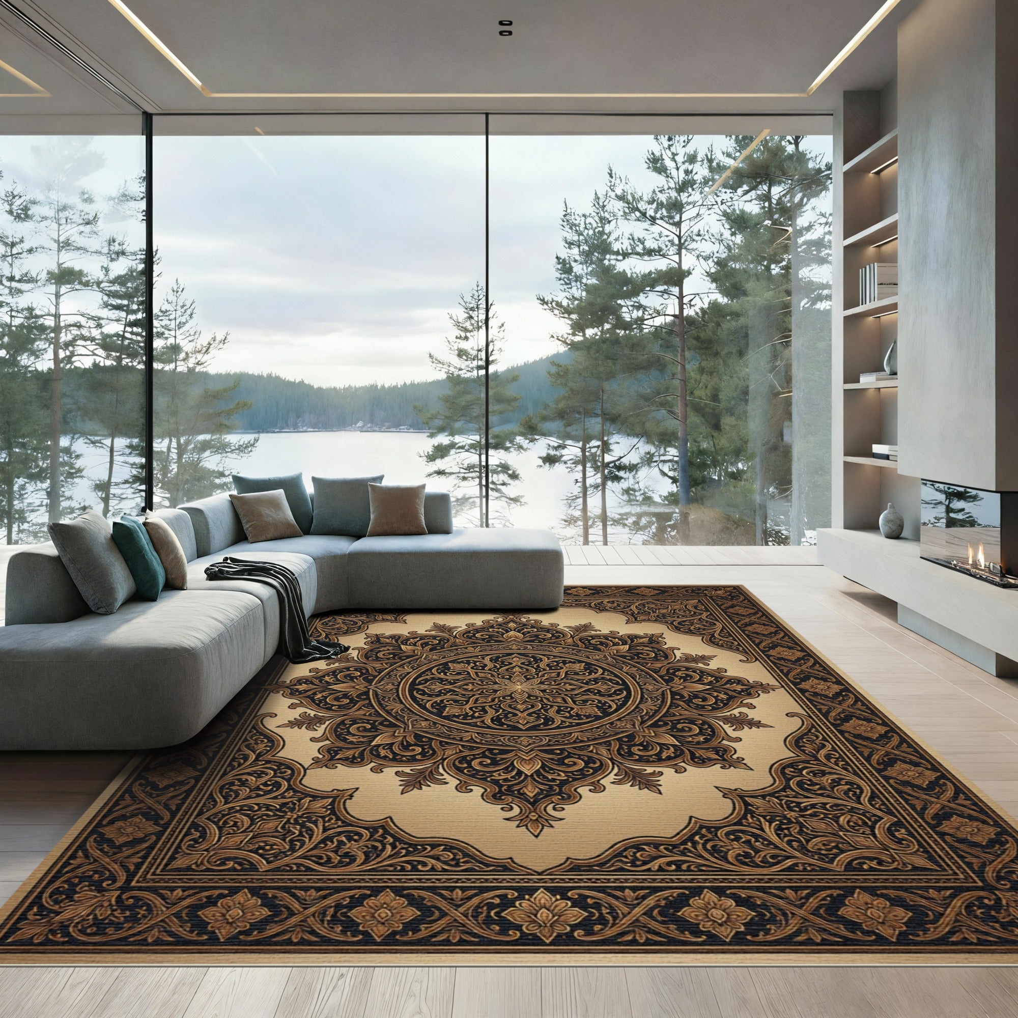 Ornate Black Gold Mandala Rug
