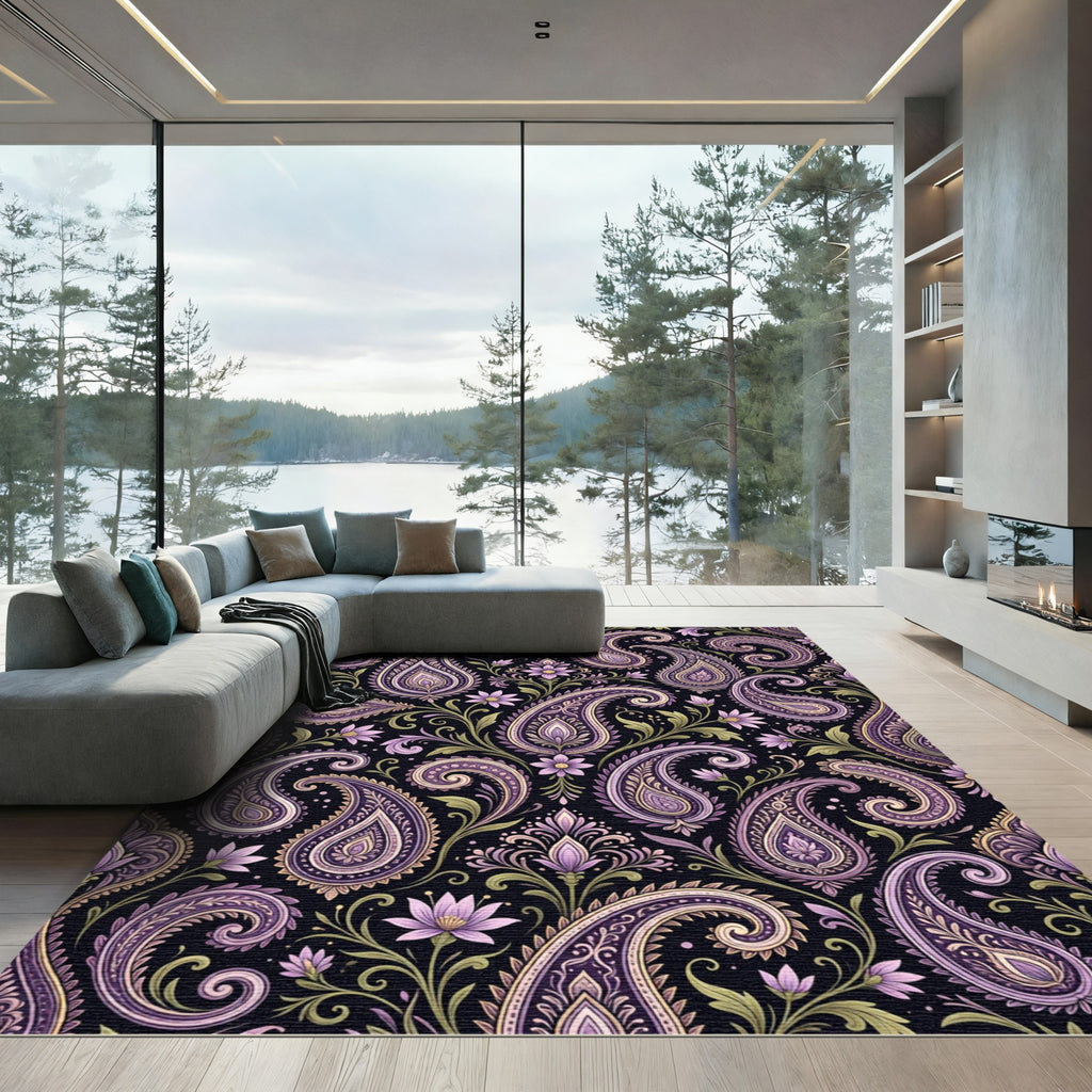Ornate Purple Paisley Floral Scroll Rug