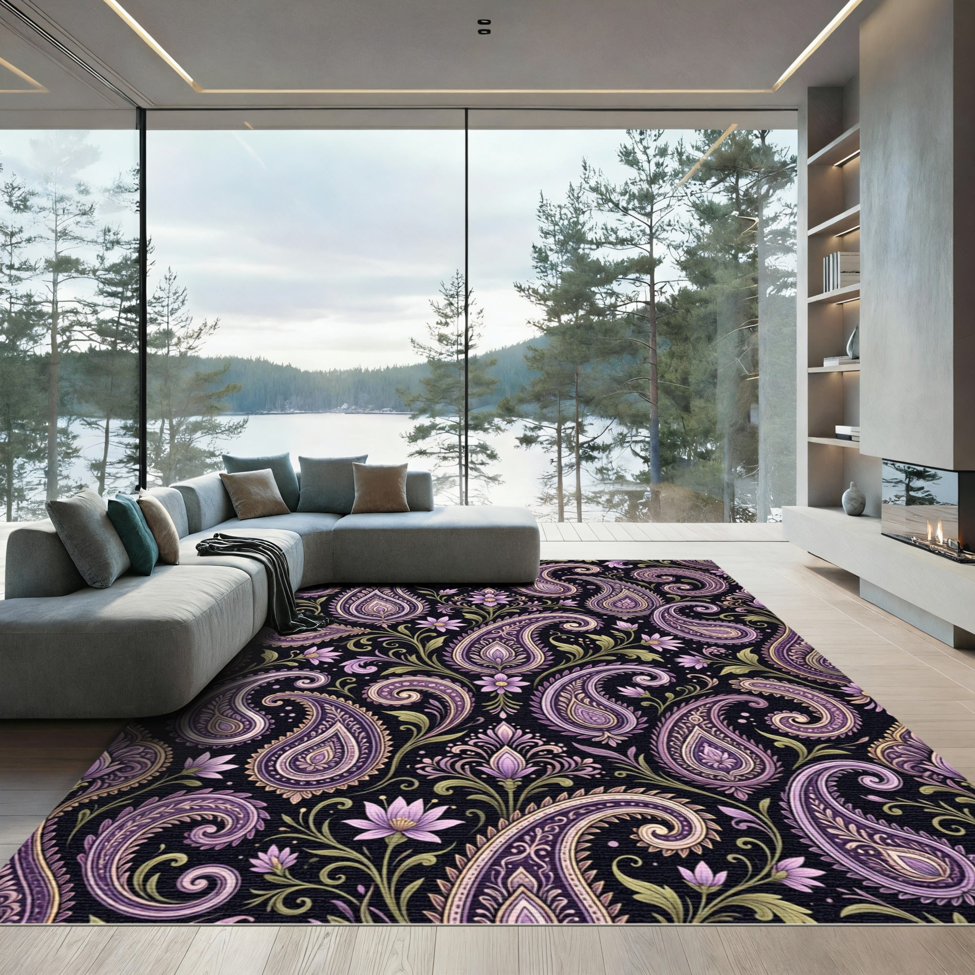 Ornate Purple Paisley Floral Scroll Rug