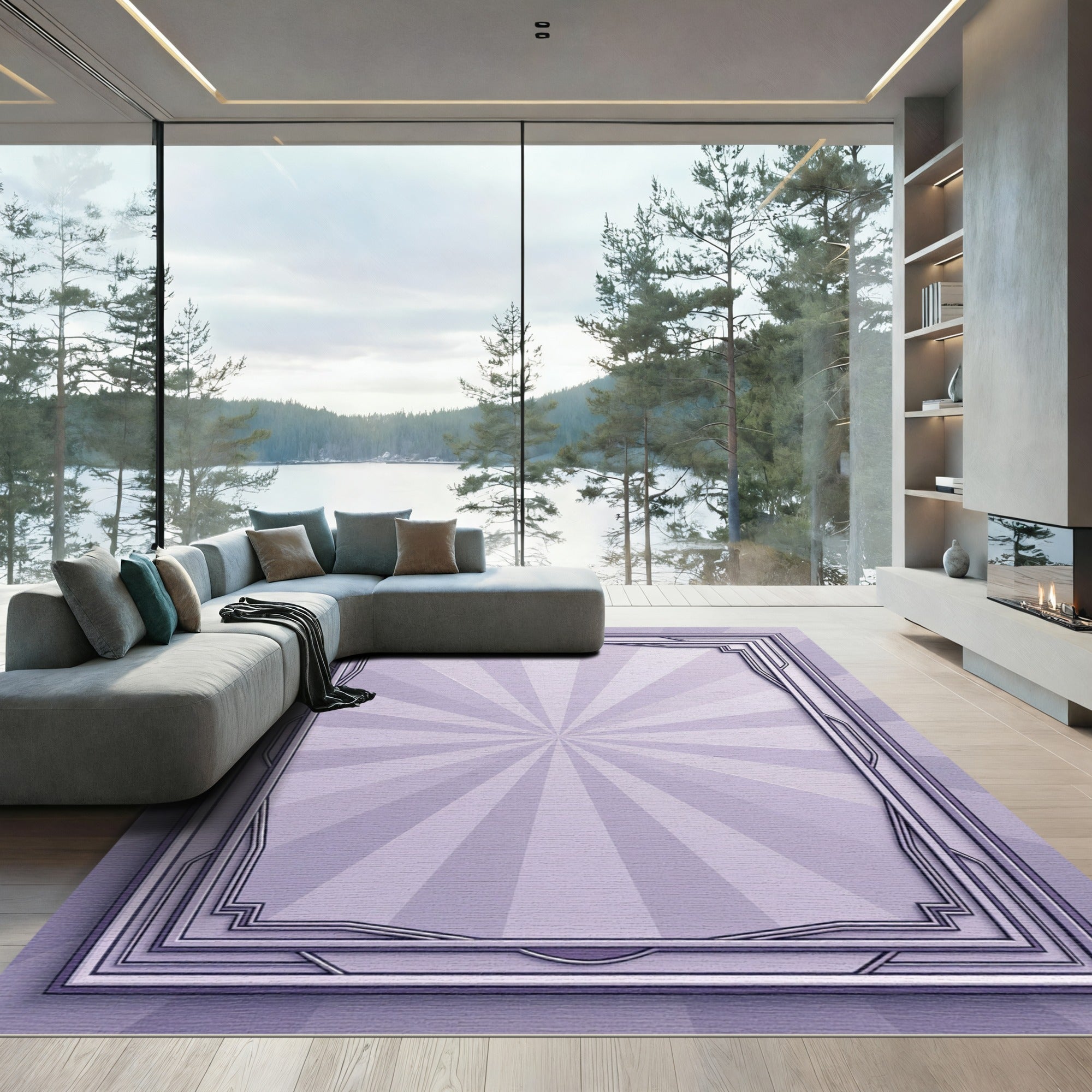 Art Deco Lilac Sunburst Frame Rug