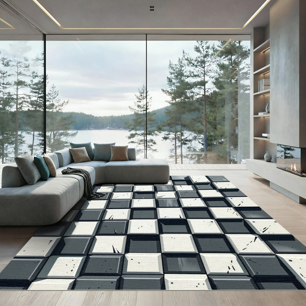 Monochromatic Textured Checkerboard Squares Rug